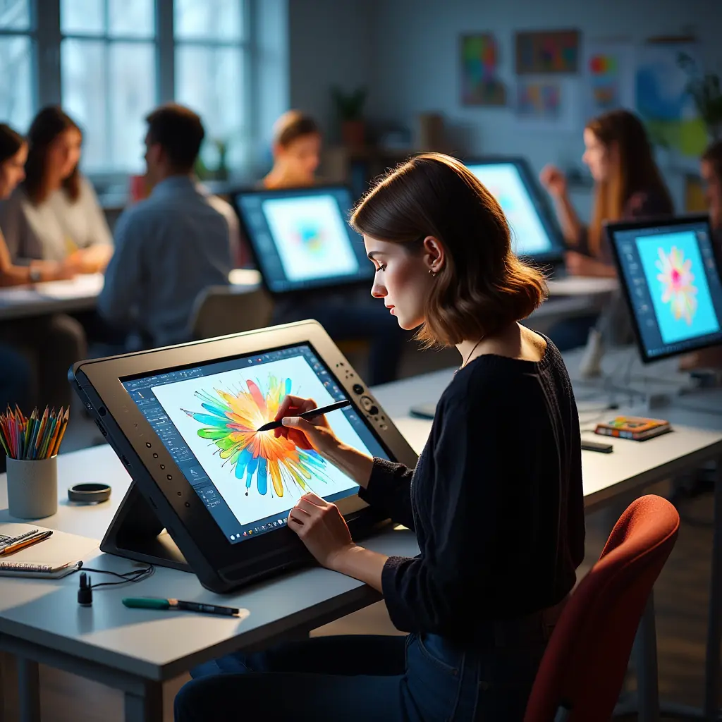 Person creating digital artwork on a tablet during workshop